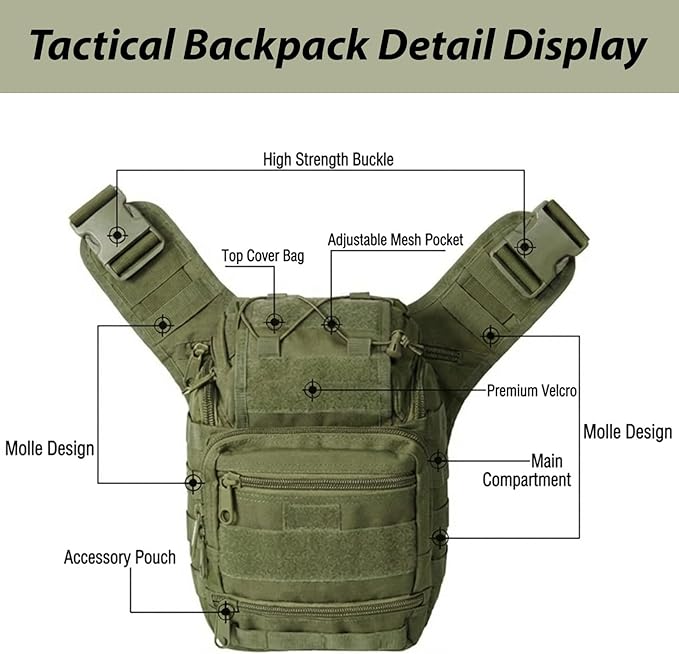 Tactical Backpack for MenMilitary Sport Bag Pack Sling Shoulder Backpack Tactical Crossbody Bag EDC Molle Assault Range Bag Chest Pack for Hiking Camping Outdoor - Green