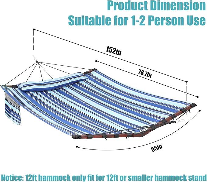 TegerDeger 12FT 2 Person Hammock Large Hammock 450LB Capacity with V Shaped Hardwood Spreader Bar &amp Nylon Rope for Outside Patio Garden Backyard Beach Poolside - Blue Stripes