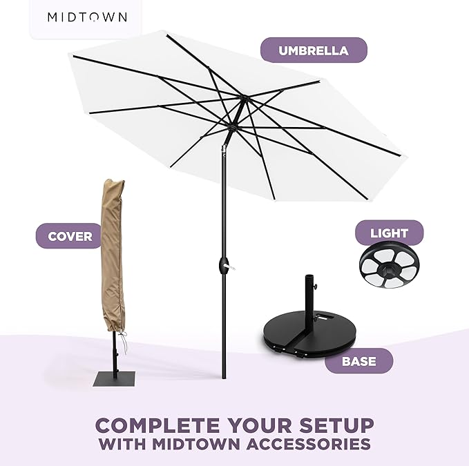 Midtown Umbrellas - 10-Year-No-Fade 9 Ft Patio Umbrella with Terylast Fabric Auto-Tilt Aluminum Frame and 8 Reinforced Ribs for Deck Pool Garden &amp Beach - Ivory White Canopy Black Pole