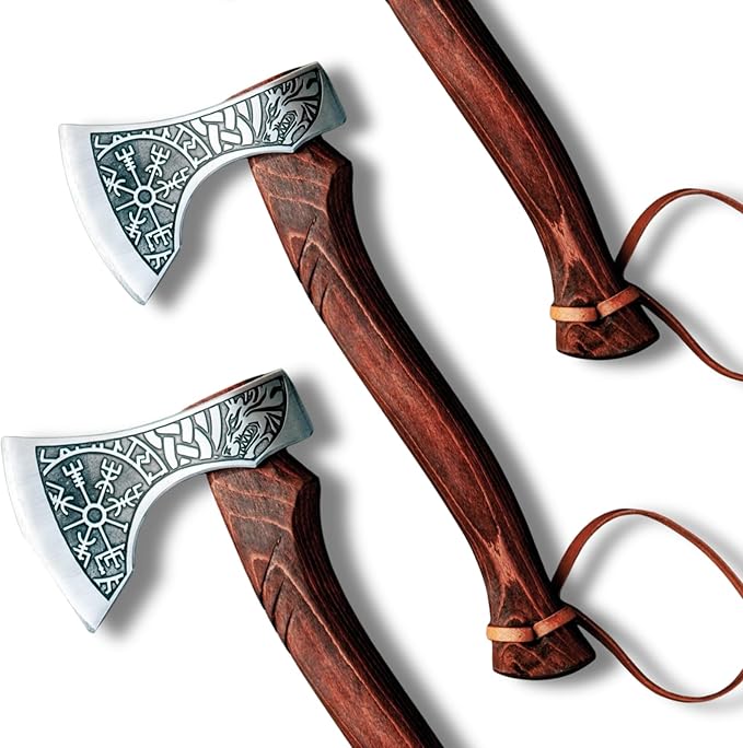 Fenrir &amp Vegvisir Camping Hatchet – Hand-Forged Tomahawk Axe with Premium Leather Sheath | Ideal for Camping Throwing &amp Outdoor Use