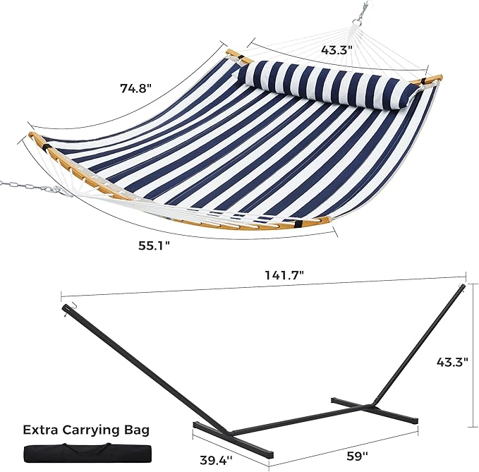 SUPERJARE Curved-Bar Hammock with Stand 2 Person Heavy Duty Hammock Frame Detachable Pillow &amp Portable Carrying Bag Perfect for Outdoor &amp Indoor Denim Blue with White Stripes