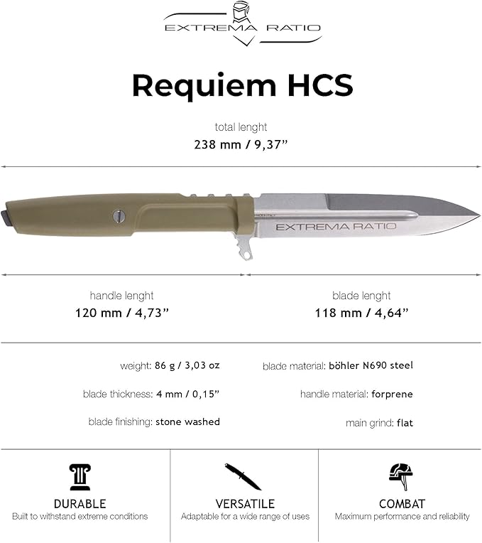 Extrema Ratio - Requiem (H.C.S) Fixed Blade Knife Bohler N690 steel blade 4.9 mm thick hardened to 58 HRC stone-washed finish lightweight ergonomic handle made in Italy