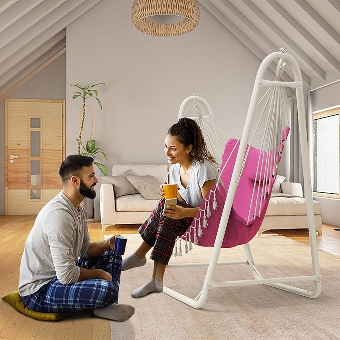 Hammock Chair with StandHeavy-Duty Hanging Chair with Stand for Indoor OutdoorSturdy Swing Chair Stand Max Load 350 pounds(Hammock Chair Included) (Pink)