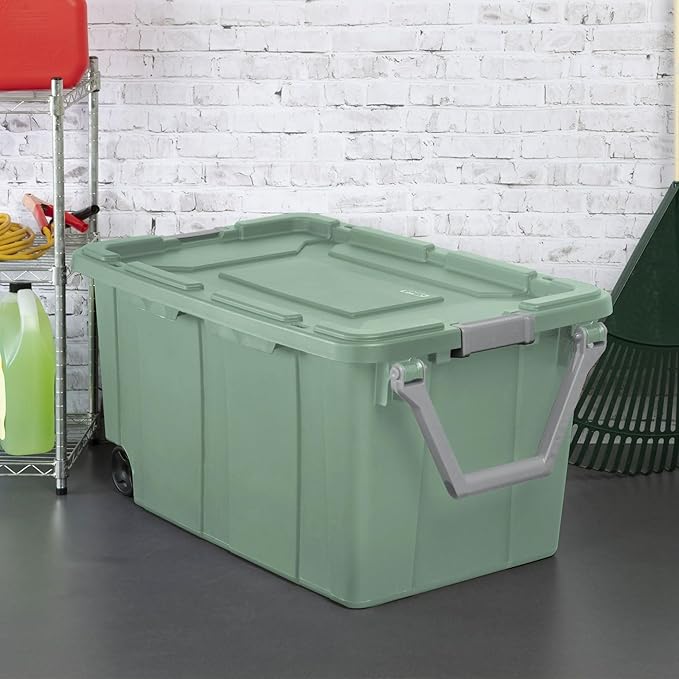 2 Pack 40 Gallon Heavy-Duty Wheeled Storage Bins - Industrial Rolling Totes with Secure Latch Lids for Garage Camping Warehouse &amp Moving Organization (Green)