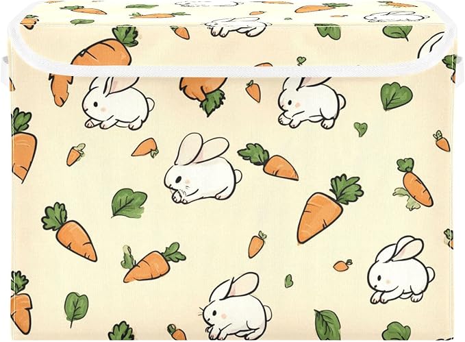 Light Yellow Rabbit Carrot Easter Storage Box with Lid 1 PC Foldable Storage Bin with Lids Stackable Storage Bins Cube Closet Organizer Basket with Flip-Top Lid &amp Handles for Shoes Books Towels