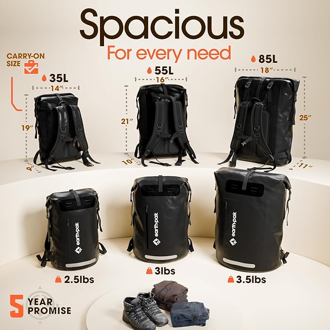 Earth Pak Waterproof Backpack - Heavy Duty Roll-Top Closure with Easy Access Front-Zippered Pocket and Cushioned Padded Back Panel for Comfort with IPX8 Waterproof Phone Case