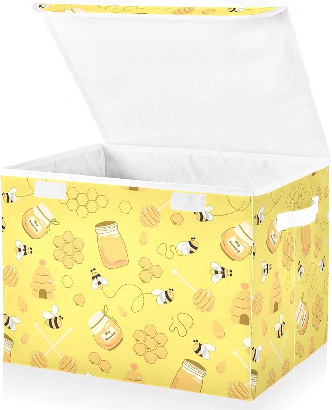 Storage Box Yellow Bee Honey Closet Storage Bins with Lids Foldable Oxford Fabric Storage Box for Home Bedroom Closet Office (16.5x12.6x11.8 in)