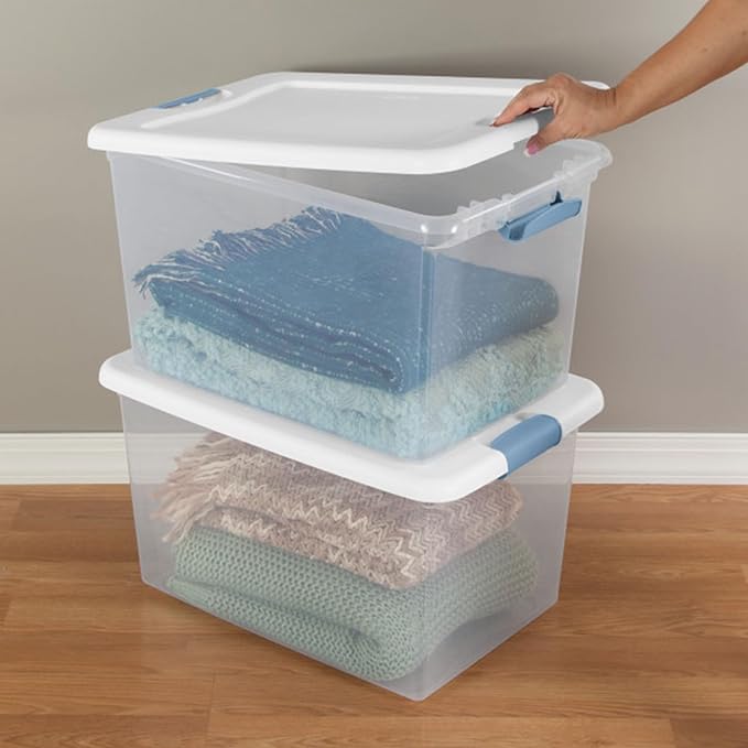 Sterilite 12 Pack Latching Box Under Bed Storage Bins with Lids Clear Plastic 64 Quart - Heavy-Duty Organizing Containers for Closet Bathroom and Office