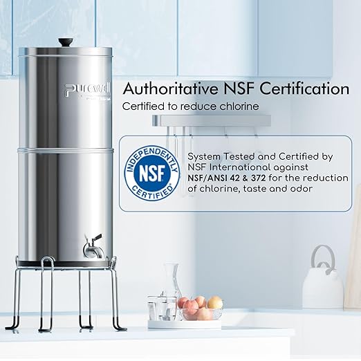 Purewell 3-Stage 0.01μm Ultra-Filtration Gravity Water Filter System NSF/ANSI 42&amp372 Certification 304 Stainless Steel Countertop System with 2 Filters and Stand Reduce 99% Chlorine 2.25G PW-