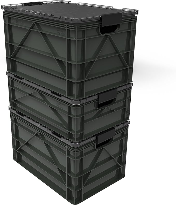 SIDIO CRATE Starter Pack - Two Full Size and One Half Size Heavy Duty Stackable Storage Bins Totes with Lids and Dividers - Durable Organizer for Home Office Garage and Outdoor Use - Stealth