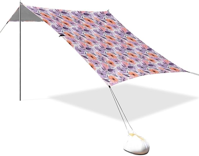 ALAZA Purple Orange Poppy Beach Tent Sun Shelter UPF50+ Protection Beach Shade Canopy w/ 4 Sandbags for Outdoor Camping Fishing Backyard Fun Picnic 10x9 ft