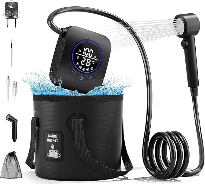 8000mAh Portable Camping Shower Upgrade Rechargeable Electric Shower Pump with 5 Gallon Bucket Intelligent LED DisplayPortable Shower for Outdoor