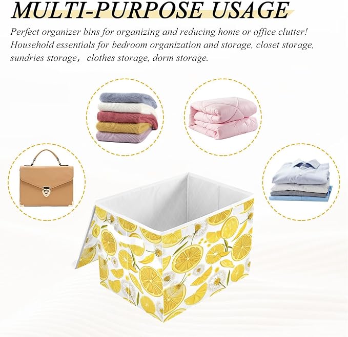 Collapsible Storage Bins with Lids Decorative Fabric Storage Cubes Closet Organizer and Storage Basket Boxes Containers for Clothes Box Chest Folding Rectangle Yellow Summer Lemon Sli