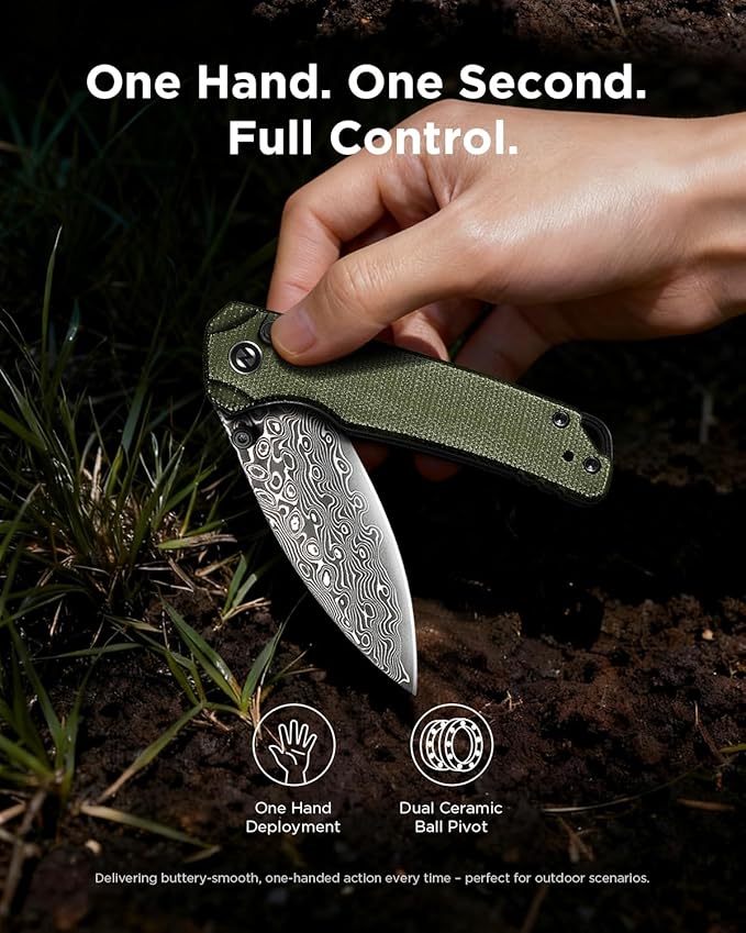 Folding Pocket Knife 2.99 Damascus Blade Micarta Handle Sharp Cool Small EDC Pocket Knives with Clip for Men Women Camping Hiking Survival Outdoor Mini 3080MG (Green)