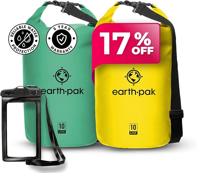 Earth Pak Waterproof Dry Bag - Roll Top Waterproof Backpack Sack Keeps Gear Dry for Kayaking Beach Rafting Boating Hiking Camping and Fishing with Waterproof Phone Case