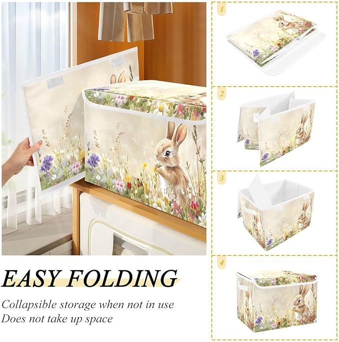 senya Easter Baskets Collapsible Storage Bins with Lids Flowers Rabbit Oil Painting Storage Boxes Clothes Baskets for Organizing
