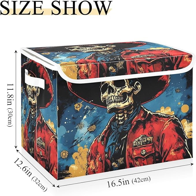 AIXIWAWA Lidded Storage Cube (Anime Skull Cowboy) Fabric Foldable Closet Bins with Flip Lid and Handles Organizer Basket Container 16.5 x 12.6 x 11.8 IN