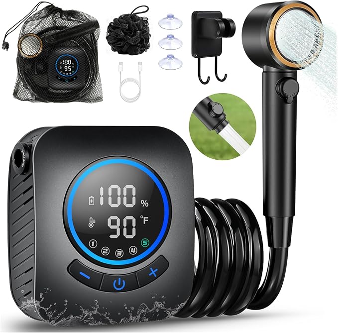 Portable Shower for Camping 8000mAh Rechargeable Camping Shower with 5 Adjustable Speeds 4 Spray Modes LED Display Kit for Hiking Travel Car Pet