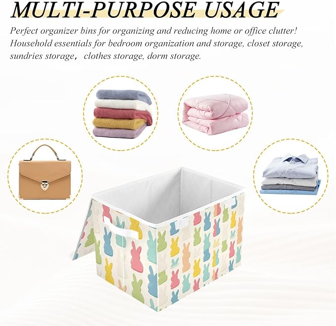 Beige Cartoon Rabbit Easter Storage Box with Lid 1 PC Foldable Storage Bin with Lids Stackable Storage Bins Cube Closet Organizer Basket with Flip-Top Lid &amp Handles for Shoes Books Towels