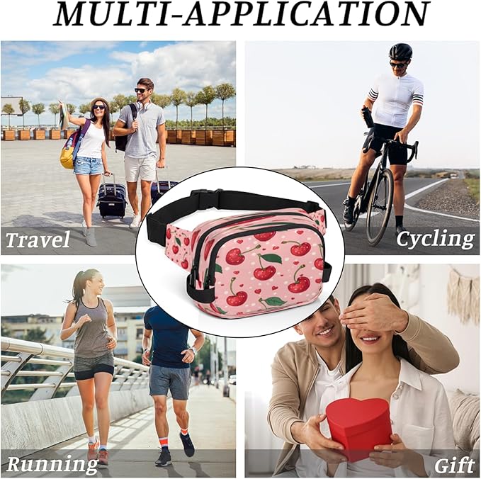 Polka Dot Heart Cherry Waterproof Fanny Pack for Women Men Adjustable Waist Bag with Double Zipper Pockets Lightweight Square Hip Pack for Running Travel Hiking Workout Cycling