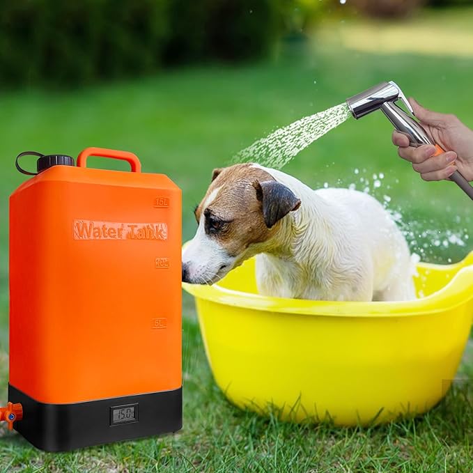 B. TAWD 4.5 Gallon Silicone Water Tank Portable Camping Shower USB Battery Charging Solar Heating with Shower Head Electric Portable Outdoor Shower Built-in Thermometer Beach Camping Hiking