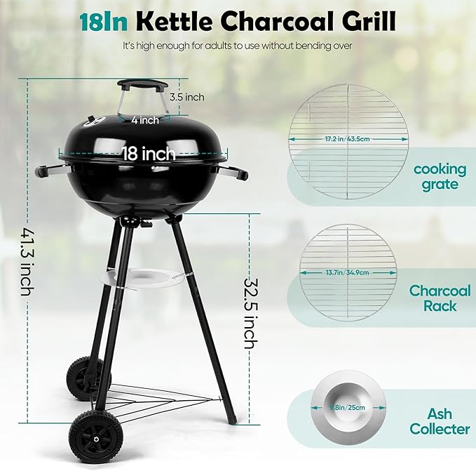 HaSteeL 18 Inch Charcoal Grill Black Kettle Outdoor Barbecue Grill 2-In-1 Portable BBQ Grill with Wheels for Camping Backyard Patio Picnic Porcelain-Enameled Lid &amp Fire Bowl 254.SQ.IN Cooking