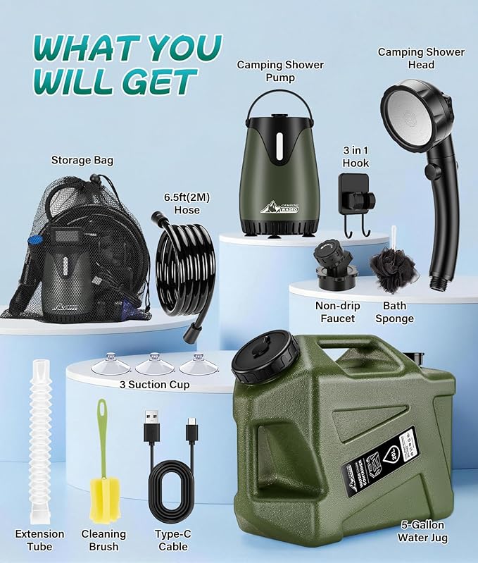 2026 Portable Shower for Camping with 5-Gallon Water Jug Rechargeable Camping Shower Food Grade Material Water Containers for Fruit &amp Vegetables Wash Integrate Design for Outdoors Hiking