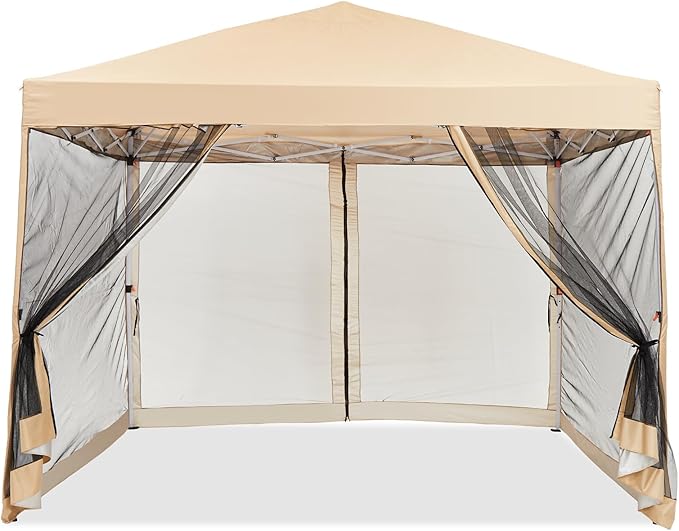 Quick Setup Pop Up Canopy Tent 10x10ft – Waterproof Outdoor Shade Gazebo Mesh Mosquito Netting Sidewalls Portable Shelter for Camping Patio Beach Parties Events