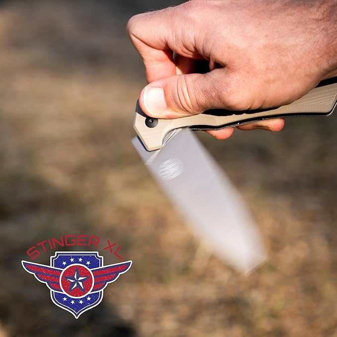 Off-Grid Knives - STINGER XL Folding Knife 154CM Steel Full Flat Grind G10 Scales Ceramic Bearings Drop-Shut Action Deep Pocket Clip Left or Right Hand Carry Camping &amp Tactical Use (Coyote