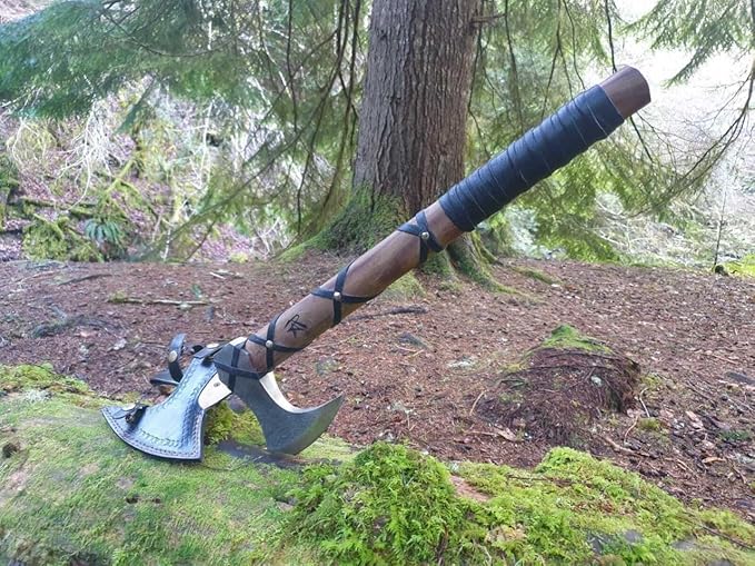 Handmade Carbon Steel Axe – Hand Forged High Carbon Steel Head | Wood Handle Rustic Outdoor Hatchet Viking Style Camping &amp Survival Axe (Axe-7)