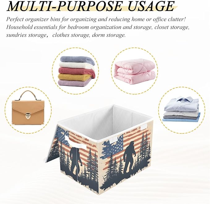 Sasquatch America Poster Storage Cube Bins Basket with Lid Collapsible Flip-top Fabric with Handle for Home Bedroom Closet Office 16.5×12.6×11.8 in