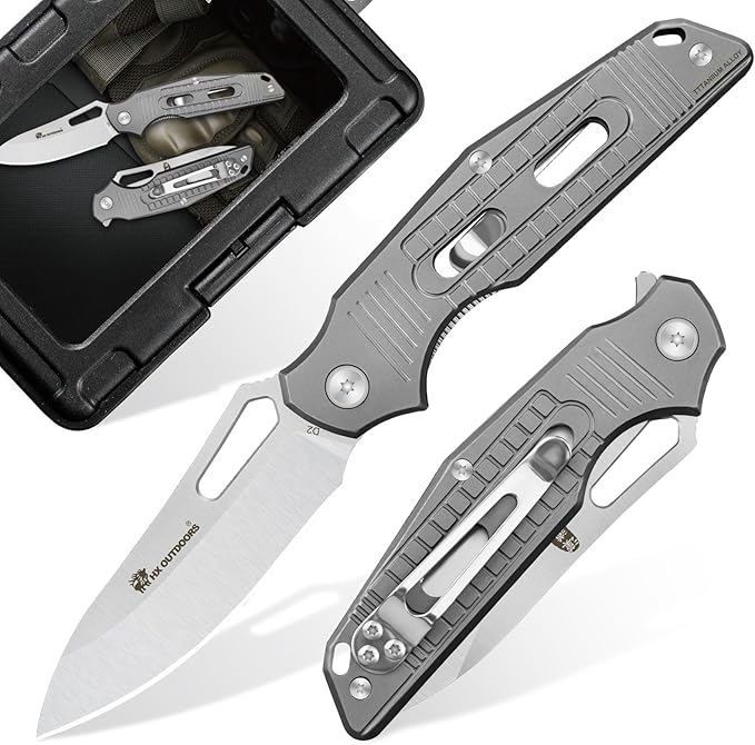 HX OUTDOORS Pocket Knife for Men Folding Knife with Clip D2 Steel Blade Titanium Handle Sharp EDC Tactical Knife for Camping Hiking Survival Outdoor Pocket Knives for Men Gift