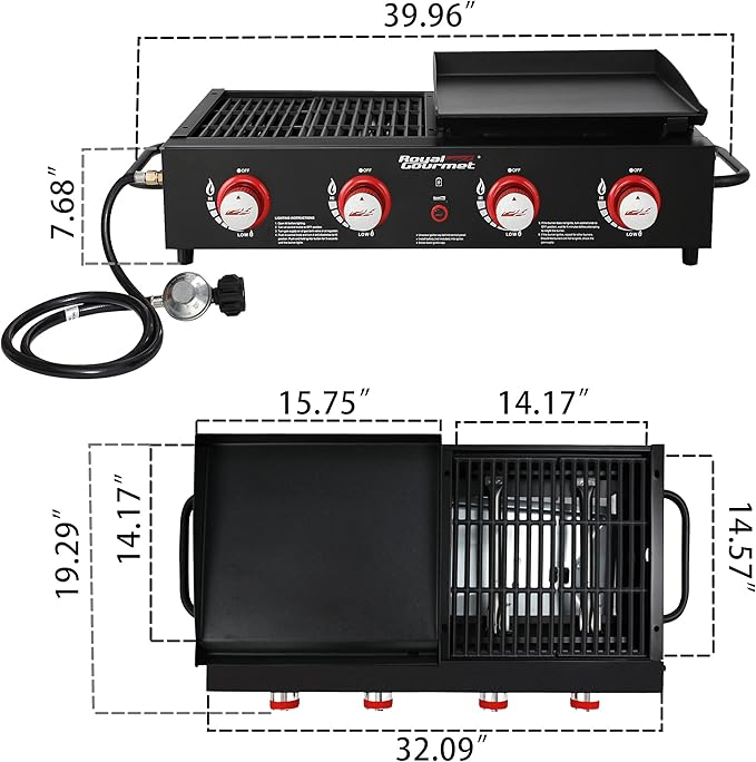 Royal Gourmet GD4002T 4-Burner Tailgater Grill and Griddle Combo Portable Flat Top Propane Gas Grill with 40000 BTUs Output for Backyard or Outdoor Cooking Black