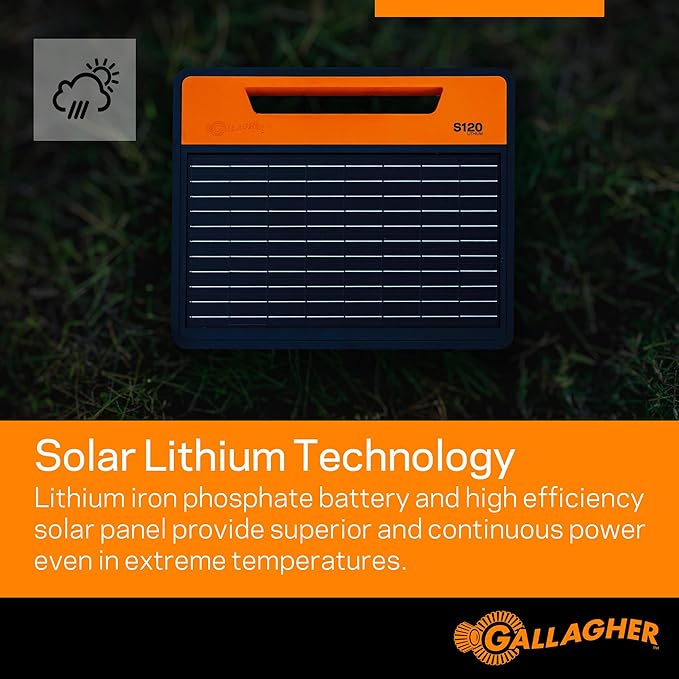Gallagher S120 Lithium Solar Fence Charger | 1.2 Joule Energizer Powers Up to 35 Miles or 120 Acres | Solar Lithium Iron Phosphate Battery | Adaptive Power Control | Portable and Weather Resistant