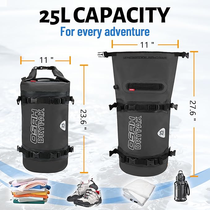 OSAH DRYPAK 25L Waterproof Dry Bag - Motorcycle Luggage Tail Bag with Straps for Back Seat Roll Top Lightweight Waterproof Backpack Sack for Travel Swimming Boating Kayaking Camping and Beach