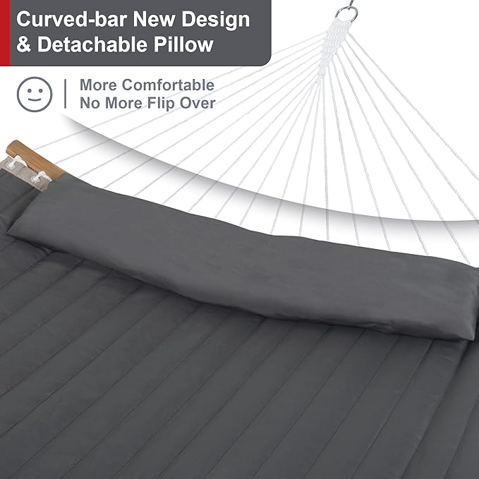 55in Hammock with Stand Heavy Duty Hammock with Stand Included Two Person Hammock with Curved Spreader Bar Pillow and Portable Bag 450 Lbs Capacity Dark Gray