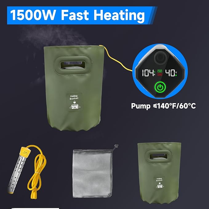 Portable Shower for Camping with Heater Portable Camping Shower Pump with 6000mAh Battery 1500W Water Heater 5.3Gal Foldable Bucket Digital Display Outdoor Shower for Camping Beach RV