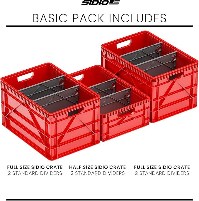 SIDIO Crate Basic Pack - 2 Full-Size &amp 1 Half-Size Heavy Duty Stackable Storage Bins Totes and Containers with Dividers - Durable Plastic Organizer for Home Office Garage and Outdoor Use