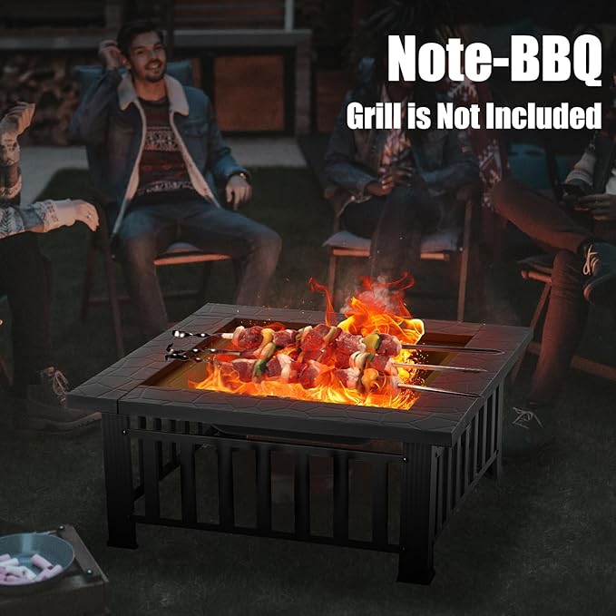 EcoNook 36 inch Fire Pit Square Outdoor Fire Pit Table with Spark Screen &amp Fire Poker 3-in-1 Multipurpose Firepits for Outside Fireplace for Yard Garden Patio