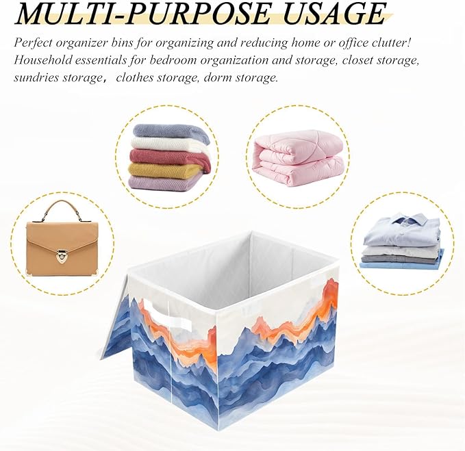 AIXIWAWA Lidded Storage Cube (Watercolor Mountain) Fabric Foldable Closet Bins with Flip Lid and Handles Organizer Basket Container 16.5 x 12.6 x 11.8 IN