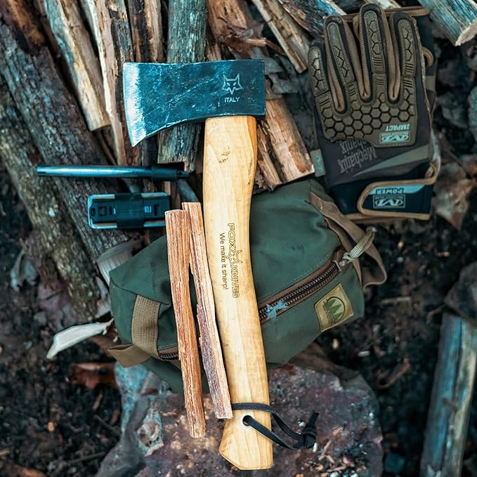 Fox Knives Yankee Axe FX-FA700 Carbon Steel Blade Hickory Wood Handle Leather Sheath Lightweight Outdoor Camping Axe Woodsman Ax Hatchet Bushcraft Survival