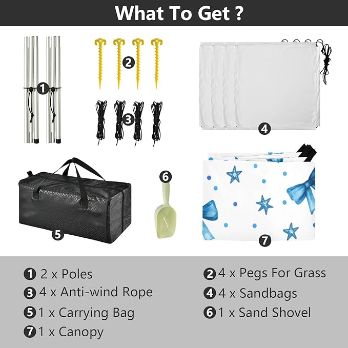xigua Blue Bows Tie Beach Tent Sun Shelter with Carrying Bag - Silver Coated Oxford Fabric Beach Canopy for Beach Camping Fishing - Includes Windproof Ropes Sandbags &amp Stakes