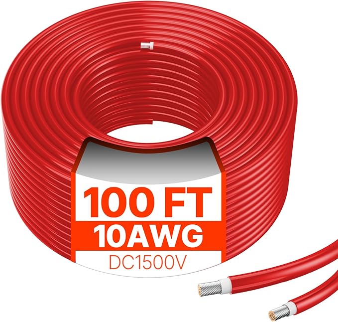 VEVOR 100FT Solar Panel Wire 10AWG Tinned Copper PV Cable 6mm² IP67 Waterproof XLPE Insulation Outdoor Extension Cord for RV Boat Home Solar Red