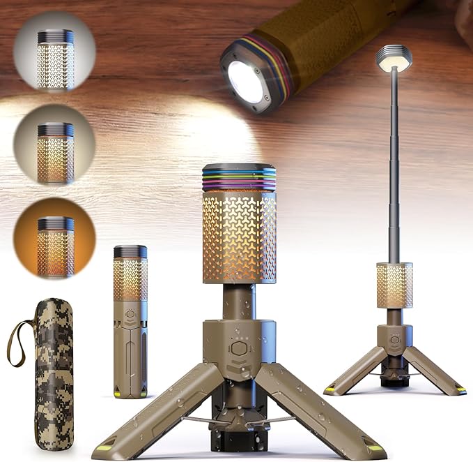 Camping-Lights-RechargeableOutdoor Telescopic-Collapsible-Lanterns with 2 Light Sources Mobile Lighting 10500mAh Battery Flash Light &amp Road Lamp for Adventure/Hiking/Camping/Live Streaming(Khaki)