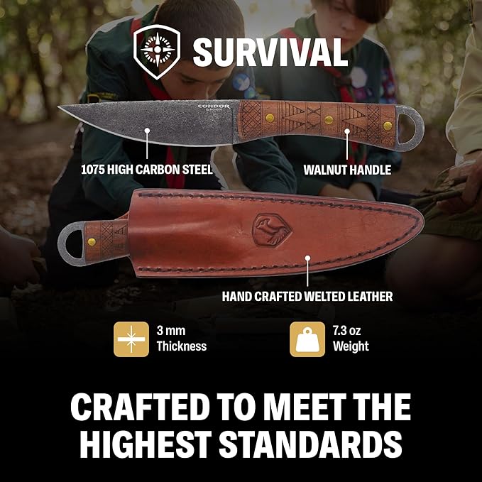 Condor Tool &amp Knife Lost Roman Fixed Blade Knife - 1075 High Carbon Steel - Hand Crafted Welted Leather Sheath - Walnut Handle - 4.9 Inches Blade - 3mm Thick - 7.3 Ounce