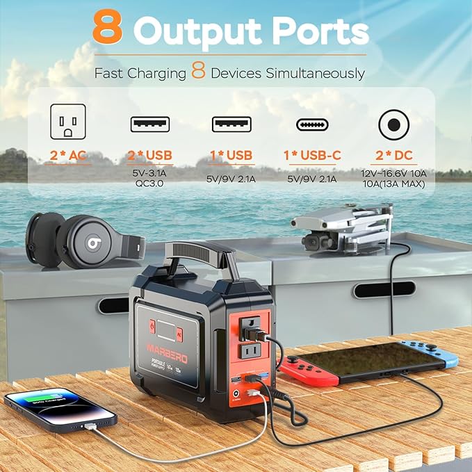 MARBERO Solar Generator 162.8Wh Camping Portable Power Station 200W Peak with Foldable Solar Panels 30W with AC Outlet 110V Multi-Port LED Flashlights for CPAP Home Camping Hurricane Emergency