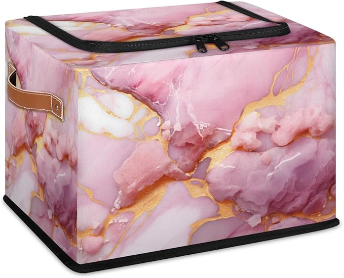 Pink Marble Storage Bins with Zipper Lid Gold Marble Fabric Lidded Storage Baskets Cubes with Handles Decorative Foldable Shelf Closet Organizer Container