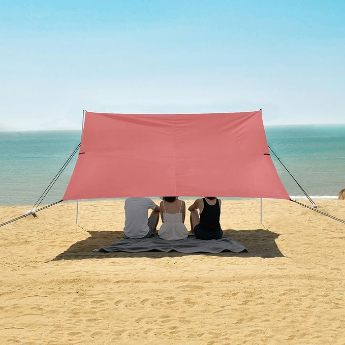 Indian Red Foldable Beach Tent UPF50+ Protection Easy Setup Sun Shelter with Sandbags &amp Sand Shovel for Camping Trips Fishing Backyard Fun or Picnics