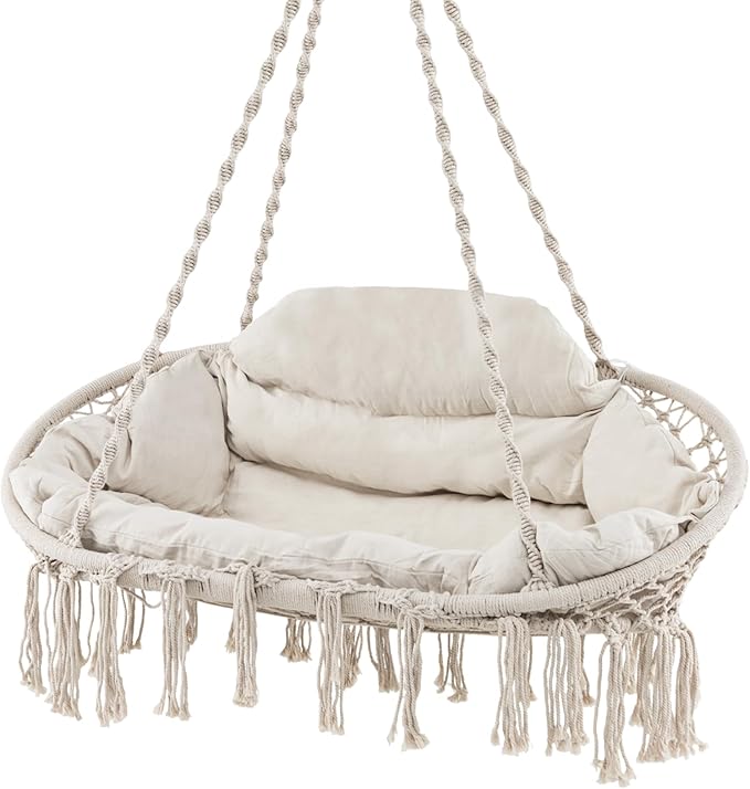Tangkula 2-Person Hanging Hammock Chair Boho Style Macrame Hammock Swing with Soft Cushions Tassels Indoor Outdoor Cotton Rope Hanging Swing Chair for Bedroom Porch Balcony