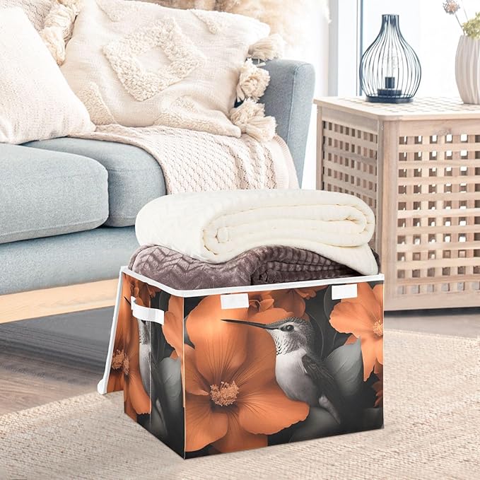 Storage Cube with Lid Hummingbird Flowe Print 16.5×12.6×11.8 IN Collapsible Large Capacity Foldable Storage Basket Bin Organizer